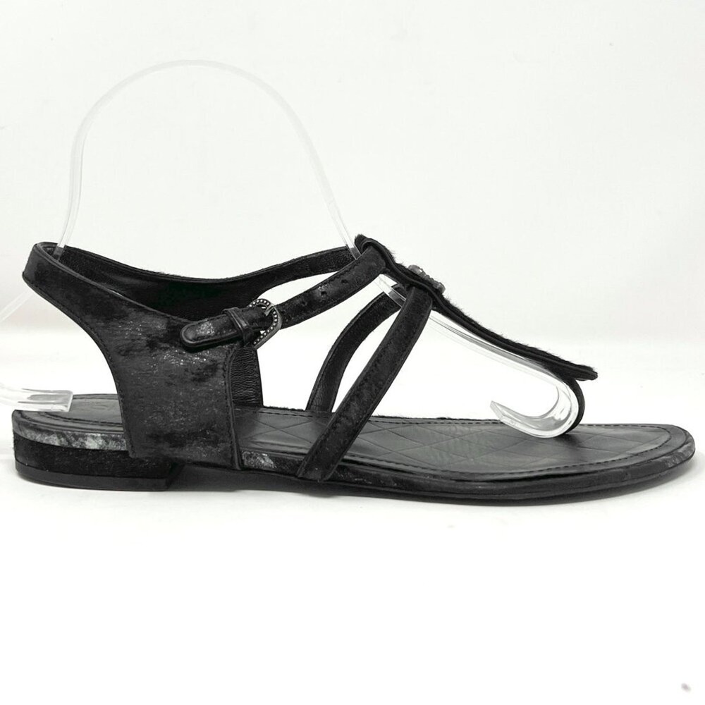 Chanel Black Leather CC Logo Thong Flat Sandals 37.5 Pony Hair - Picture 4 of 9